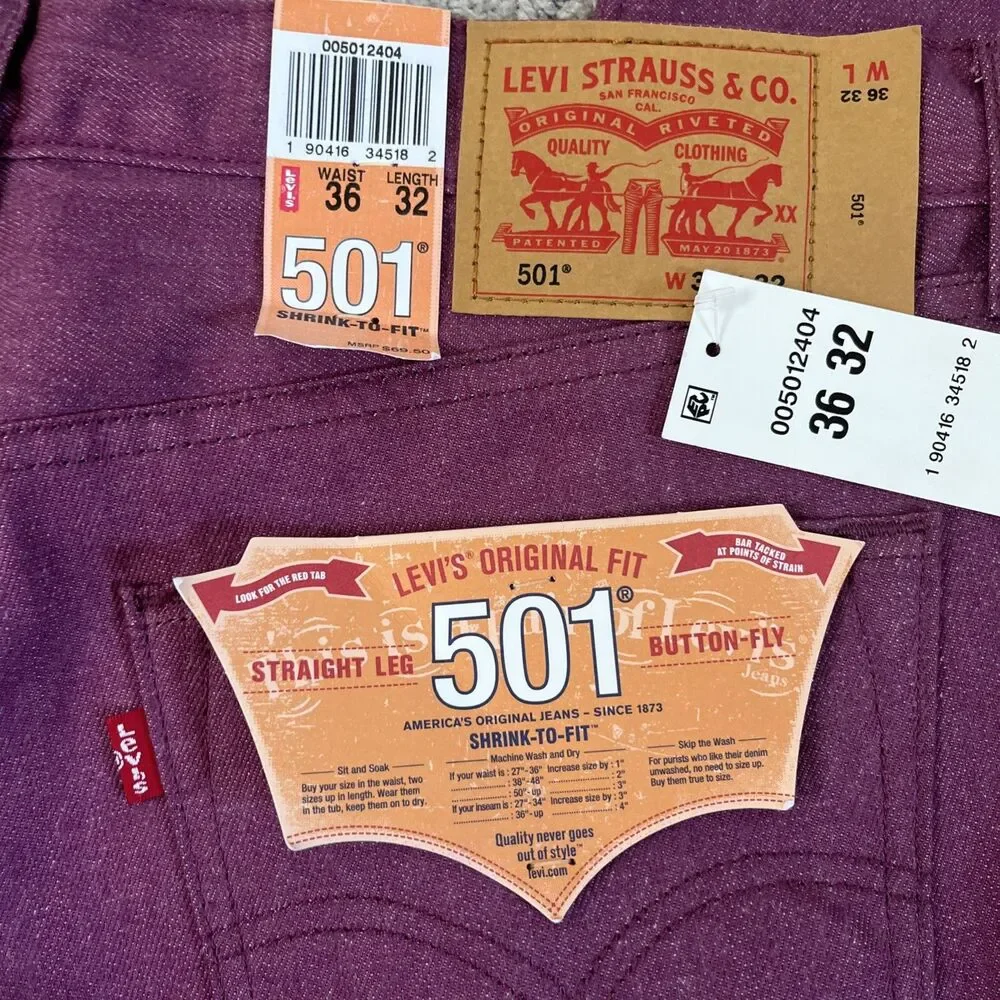 Men’s Levi’s 501 Shrink To Fit Straight 36x32 Button Fly Jeans Purple Pink NWT